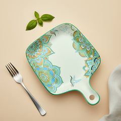Lemon Tree Blue Ceramic Matte Finish Square Platter with Handle – Stylish & Functional Serveware