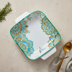 Lemon Tree Blue Ceramic Matte Finish Square Deep Dish Platter with Double Handles – Elegant & Functional Serveware