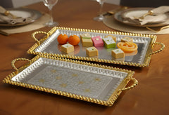 LEMON TREE 2pc German Silver Plated Rectangular Metal Serving Tray Set - Gold & Silver Glossy Finish | Rust-Proof for Festive Gift Box