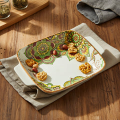 Lemon Tree Green Ceramic Matte Finish Square Deep Dish Platter with Double Handles – Stylish & Versatile Serveware