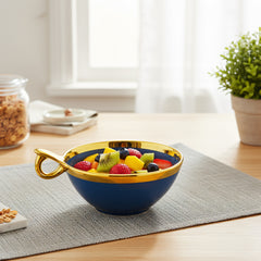 Elegant Blue Ceramic Deep Serving Bowl – 18cm Snack & Salad Bowl with Gold Rim & Hook Handle
