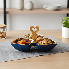 Luxury Blue Ceramic Tri-Part Platter with Bamboo Handle & Gold Rim – 24cm