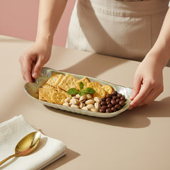 Lemon Tree Golden Pearl Finish Rectangular Deep Glass Platter | Elegant Glossy Serving Dish for Dining & Gifting