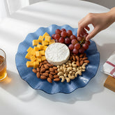 Lemon Tree Blue Glass Flat Round Platter with Wavy Rim | Elegant Textured Serving Dish for Snacks & Salads