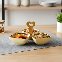 Elegant Cream Ceramic Tri-Part Serving Platter with Bamboo Handle & Gold Rim – 24cm