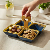 Blue Ceramic Quad-Part Platter with Bamboo Handle & Gold Rim – Stylish Multi-Section Serving Dish