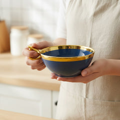 Elegant Blue Ceramic Deep Serving Bowl – 18cm Snack & Salad Bowl with Gold Rim & Hook Handle