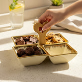 Cream Ceramic Quad-Part Serving Platter with Bamboo Handle & Gold Rim – Stylish Divided Snack Tray