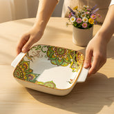 Lemon Tree Green Ceramic Matte Finish Square Deep Dish Platter with Double Handles – Stylish & Versatile Serveware