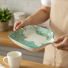Lemon Tree Blue Ceramic Matte Finish Square Platter with Handle – Stylish & Functional Serveware