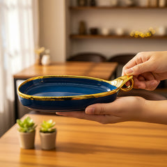 Stylish Blue Ceramic Deep Triangular Platter – Gold Rim & Hook Handle, 24cm