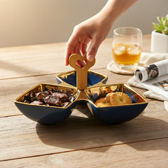 Luxury Blue Ceramic Tri-Part Platter with Bamboo Handle & Gold Rim – 24cm