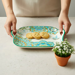 Lemon Tree Blue Ceramic Matte Finish Square Platter with Double Ear Handles – Elegant & Functional Serveware