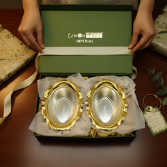 LEMON TREE 2pc German Silver Plated Metal 7" (350ml) Oval Bowl Set - Gold & Silver Matt Finish | Perfect for Gifts