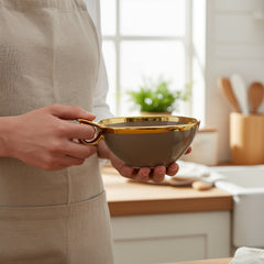 Luxury Brown Ceramic Deep Serving Bowl – 18cm Snack & Salad Dish with Gold Rim & Hook Handle