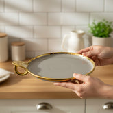 Luxurious Brown Ceramic Serving Platter – Gold Rim & Hook Handle, 24cm