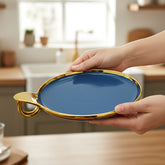 Elegant Blue Round Ceramic Serving Platter – Gold Rim & Hook Handle, 24cm