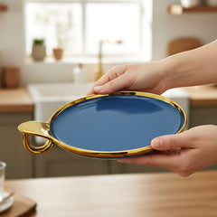 Elegant Blue Round Ceramic Serving Platter – Gold Rim & Hook Handle, 24cm