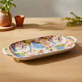 LEMON TREE Ceramic 14inch Rectangular Platter with Double Handles - Floral Pink Prints, Luxe Matt Glaze