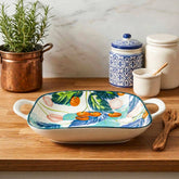 LEMON TREE Premium Ceramic Square Deep Dish Platter with Double Handles - Cherry Prints, Luxe Matt Glaze