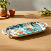 LEMON TREE Ceramic 14inch Rectangular Platter with Double Handles - Cherry Prints, Luxe Matt Glaze