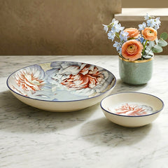 LEMON TREE Ceramic Serving Set: 20cm (8") Deep Round Plate + Mini Dip Bowl - Vibrant Floral Print, Luxe Matt Glaze