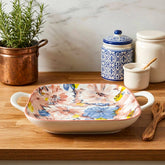 LEMON TREE Ceramic Square Deep Dish Platter with Double Handles - Floral Prints, Luxe Matt Glaze