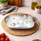 LEMON TREE Premium Ceramic Square Deep Dish Platter with Double Handles - Floral Prints, Luxe Matt Glaze