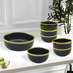 Luxury Black & Gold 7-Piece Ceramic Dessert & Pudding Bowl Set | Elegant Gift Box Packaging