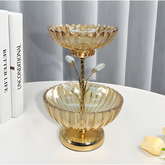 BM106 1 HU2180 Elegant 2 Tier Metal and Glass Decorative Bowl with Crystal Accents Fruit Candy and Snack Server with Stylish Stand for Table Centerpiece
