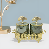 GU2144 – Twin Smoked Glass Jar Set with Lids in Decorative Metal Stand Elegant Candy Nut Chocolate and Snack Server for Table Decoration and Gifting