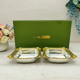 LEMON TREE 2pc German Silver Plated Metal 6" (350ml) Square Bowl Set - Gold & Silver Matt Finish | Perfect for Gifts
