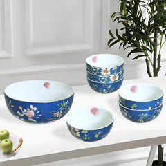 Royal Blue & White Floral Porcelain Dessert Set (7-Piece)
