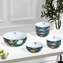 Teal & Vibrant Floral Porcelain Dessert Set (7-Piece)