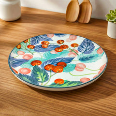LEMON TREE Premium Ceramic 10.5inch Round Serving Plate - Cherry Prints, Luxe Matt Glaze | Dishwasher Safe, Chip-Resistant