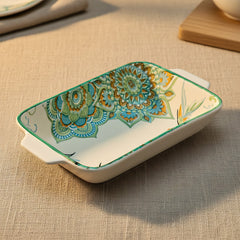 Lemon Tree Blue Ceramic Matte Finish Rectangular Deep Dish Platter with Handles – Stylish Serveware for Snacks & Desserts