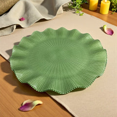 Lemon Tree Green Glass Round Platter with Wavy Rim | Textured Decorative Dish for Dining & Gifting