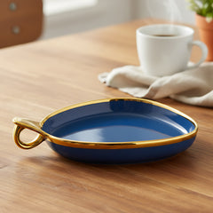 Stylish Blue Ceramic Deep Triangular Platter – Gold Rim & Hook Handle, 24cm