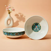 Elegant Blue Floral Porcelain Snack Bowls with Gold Rim - Set of 2