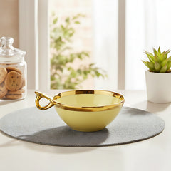 Elegant Cream Ceramic Deep Serving Bowl – 18cm Round Dish with Gold Rim & Hook Handle