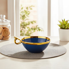 Elegant Blue Ceramic Deep Serving Bowl – 18cm Snack & Salad Bowl with Gold Rim & Hook Handle