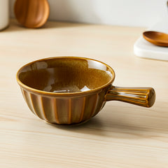 Lemon Tree Light Brown Ceramic Bowl with Handle | 600ml Deep Stoneware Bowl for Soup, Snacks & Salads | Microwave & Dishwasher Safe