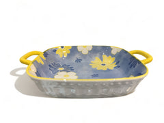 Lemon Tree Blue Ceramic Deep Square Serving Plate – Elegant Snack & Salad Dish | Durable, Microwave & Dishwasher Safe