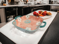 Lemon Tree Pink Ceramic Deep Square Plate – Elegant Serving Dish for Snacks, Salads & Fruits | Microwave & Dishwasher Safe