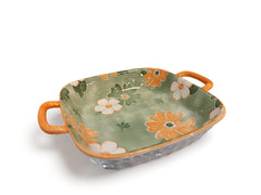 Lemon Tree Green Ceramic Square Deep Serving Plate – Stylish & Durable Snack Dish | Microwave & Dishwasher Safe
