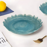 HK1117 - Lemon Tree Handmade 8.5" Round Deep Glass Dish with Wavy Edge & Blue Alabaster Finish – Elegant & Functional Serving Platter