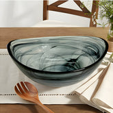HK 1112 LEMON TREE Handmade Glass Bowls - 7.25" Black Oval Big Snack Bowl with Alabaster Finish