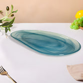 HK1121 - Lemon Tree Handmade 14" Oval Glass Snack Serving/ Rice Platter with Blue Alabaster Finish – Elegant & Durable