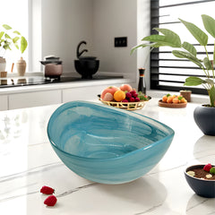HK 1109 LEMON TREE Handmade Glass Bowls - 6" Blue Oval Snack Bowl with Alabaster Finish