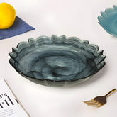 HK1118 - Lemon Tree Handmade 8.5" Round Deep Glass Dish with Wavy Edge & Black Alabaster Finish – Elegant & Functional Serving Platter